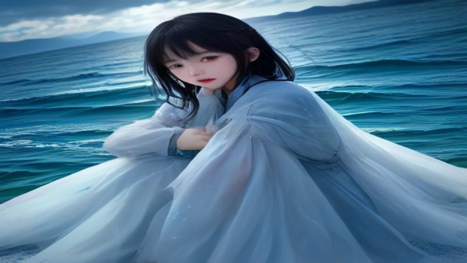 宋代江南庭院深处一位身着淡蓝色罗裙的少女凭栏远眺，水墨晕染风格，意境清幽，画面透着淡淡的历史沧桑感